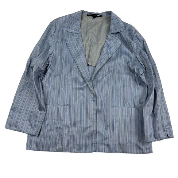 Linda Allard Ellen Tracy Blue Striped Blazer Jacket 100% Silk 3/4 Sleeve Size 10 - Picture 1 of 14